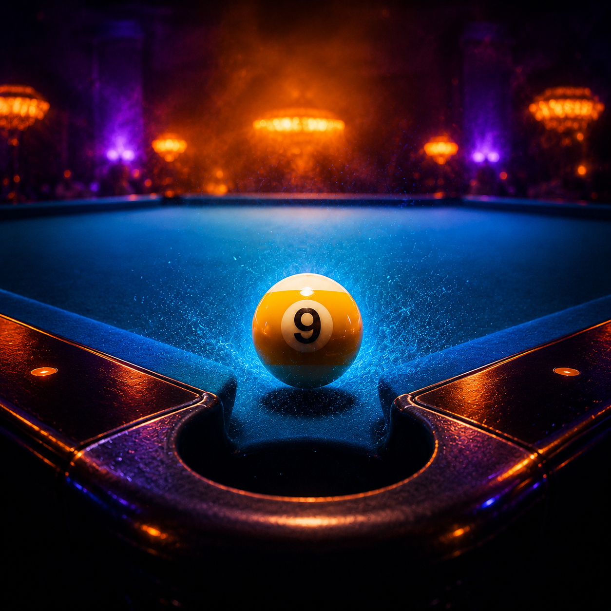 Nine on the Break artwork by Flex9 showing a glowing nine ball on a neon billiards table